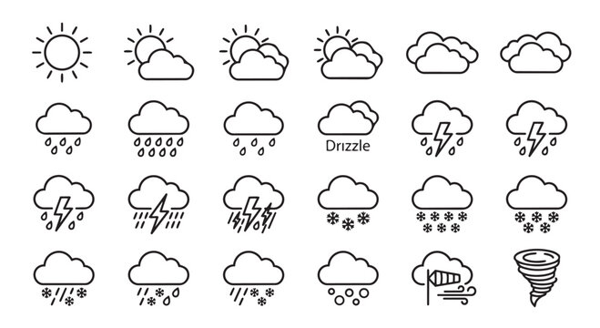 Weather forecast icon set including sun rain snow storm and cloud symbols with forecast, meteorology