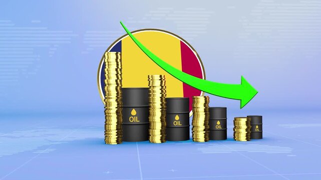 Chad Oil Prices Decline with Oil Barrels, Gold Coins and Downward Green Arrow, 3D Economic and Financial Market Concept