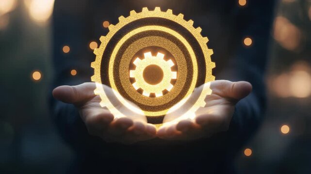 Business hands holding glowing golden gear hologram creating innovation management scene with automation workflow engineering progress teamwork productivity and modern corporate technology solution