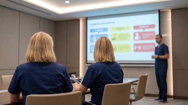 Hospital health and safety training session with medical staff wearing scrubs seated in conference room, hearing health and safety training presentation, continuous professional education