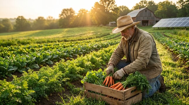 Experienced farmer harvesting fresh organic vegetables in a sustainable farm during beautiful sunrise. Natural farming, healthy food production, eco-friendly agriculture and rural lifestyle concept 