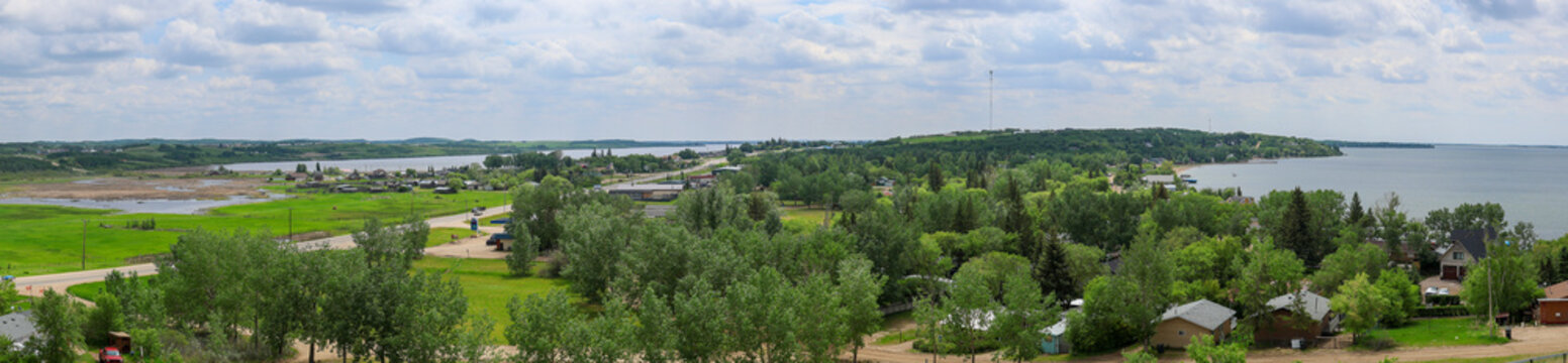 Panoramic view of Jackfish Lake and Murray Lake and surrounding cottage areas, located about 50 km North of North Battleford, Saskatchewan, Canada.