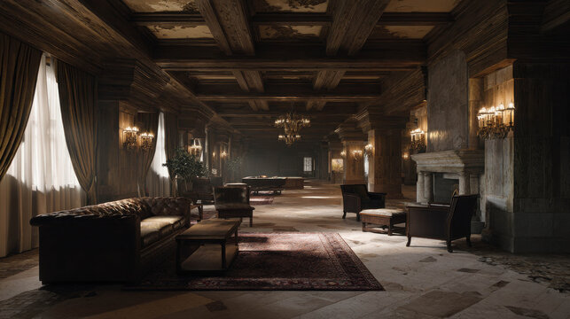 An abandoned and dusty grand hall with antique furniture, a pool table in the distance, and dimmed chandeliers