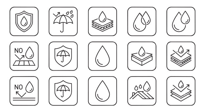 Waterproof and water resistant protection outline icons with waterproof protection moisture