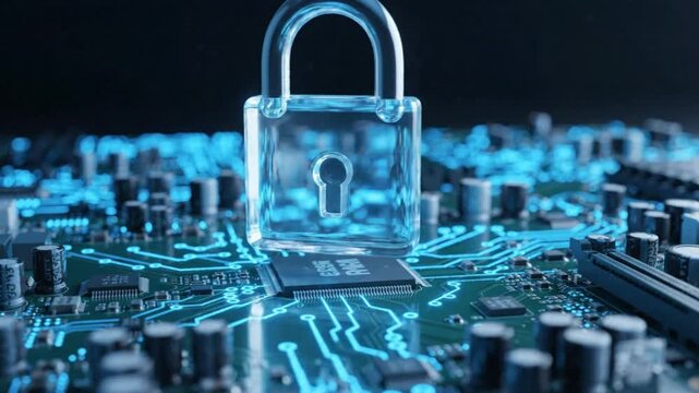 Closeup of a transparent padlock placed on a computer motherboard with digital security concept
