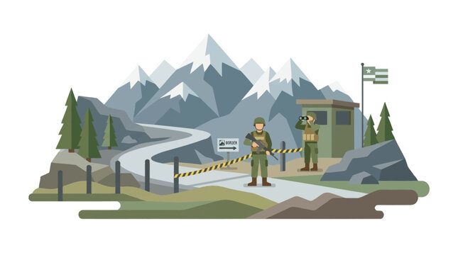 Cartoon military checkpoint in mountainous landscape with soldiers