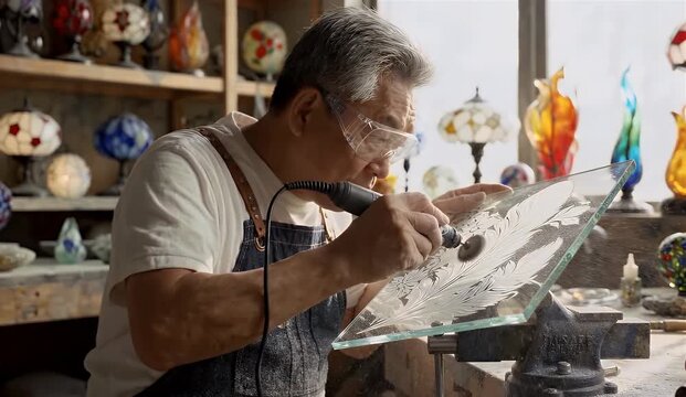 Experienced Craftsman Engraving Glass Artwork in His Workshop