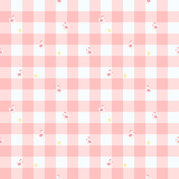 Pink Gingham Seamless Pattern with Chickens and Chicks for Baby Nursery Textile, Fabric and Wallpaper Design