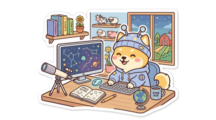 Cute Shiba Inu Dog Astronaut Studying Stars on Computer with Telescope and Globe © sky
