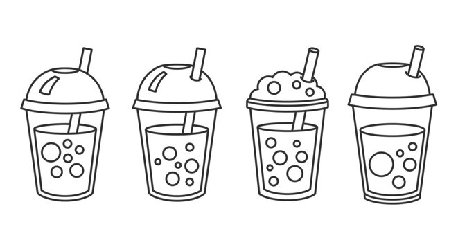 Hand-drawn line art of four bubble tea cups with straws and tapioca pearls.