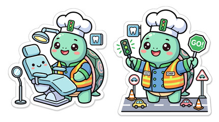 Cute Turtle Dentist and Traffic Controller Cartoon Stickers © sky