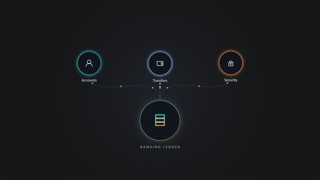 Bank ledger system infographic showing accounts transfers and security