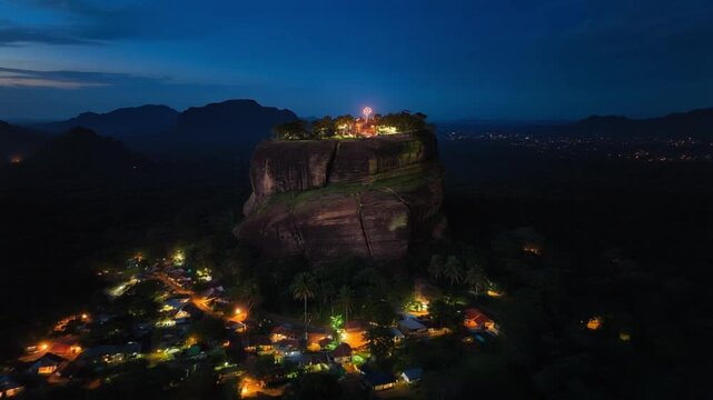 Aerial view sigiriya rock fortress glowing at night in Sri Lanka