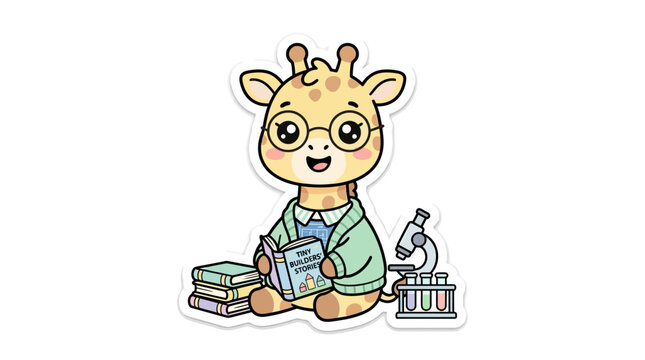 Cute cartoon giraffe wearing glasses reading a book with microscope and test tubes