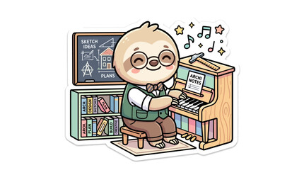 Cute Sloth Musician Playing Piano with Bookshelf and Sketchboard © sky