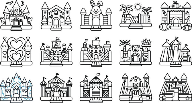 Inflatable bouncy castle and bounce house outline icon set featuring diverse holiday themes for kids amusement park business rentals