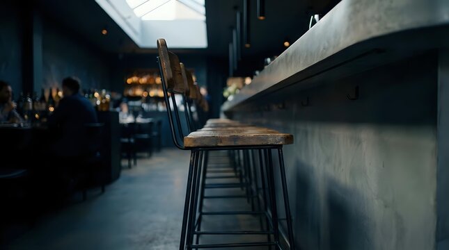 Empty bar stool at counter in modern industrial pub or restaurant interior with moody lighting and blurred background patrons socializing.
