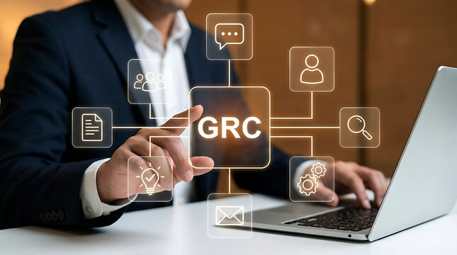 Businessman working on laptop with GRC Governance Risk and Compliance concept