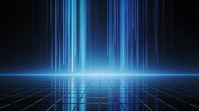 Blue light streaks on reflective grid floor