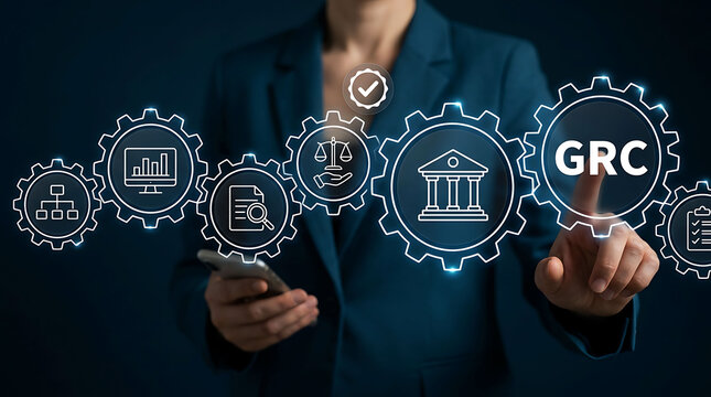 Businesswoman touching GRC governance risk compliance concept gears icon network