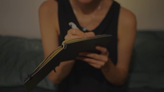 A young woman sits comfortably in a warm, cozy room, writing in her journal.
