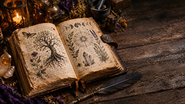Hyper-Realistic Ancient Leather Spell Book with Botanical Illustrations, Moon Phases and Mystical Symbols on Candlelit Table