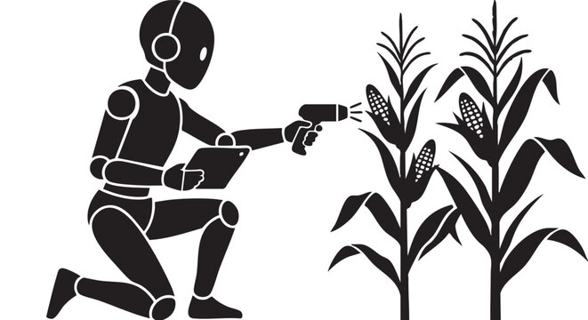 black vector icon of farmer watering crops in field concept