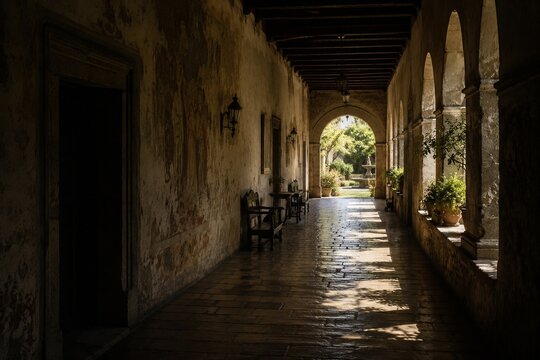 Long corridor with a sunlit garden archway and a dark doorway.