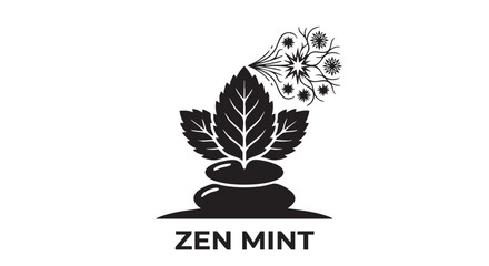 black vector icon of mint leaf with stars and zen mint text © Rehana