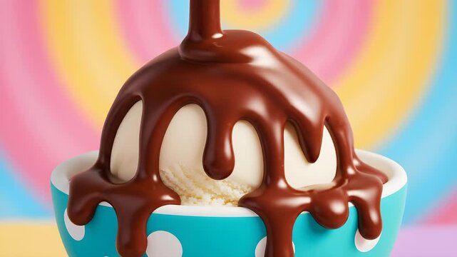 Melted chocolate syrup pouring over a scoop of vanilla ice cream in a blue polka dot bowl against a colorful pastel background