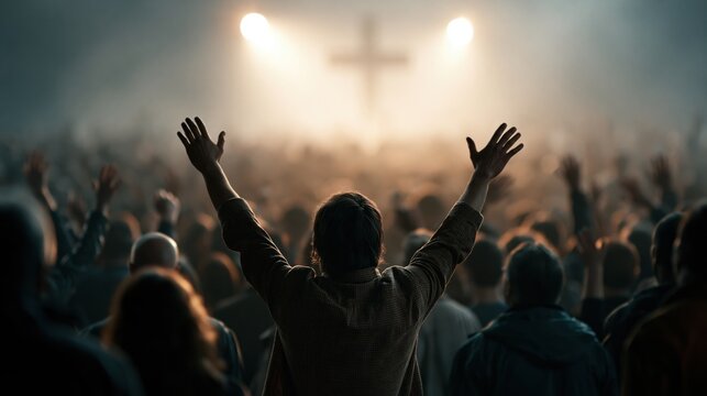 Crowd of people worshiping the cross	
