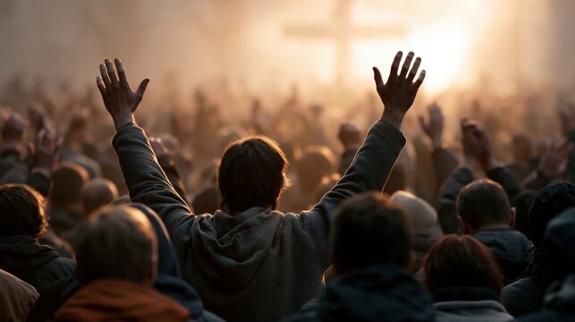 Crowd of people worshiping the cross	
