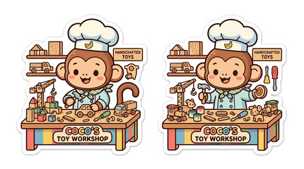 Cute monkey toy maker in workshop, crafting wooden toys, playful cartoon illustration © sky