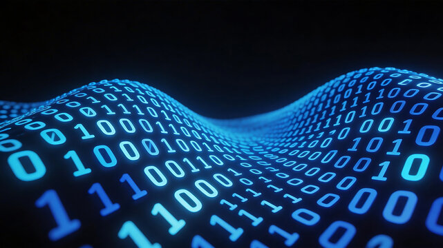 Binary code wave on dark background