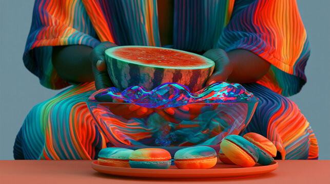 Colorful Summer Still Life with Watermelon, Macarons and Hands