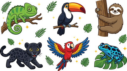 Fototapeta premium Tropical Wildlife Collection Vector Set with Chameleon, Toucan, Sloth, Black Panther, Macaw Parrot, and Blue Poison Dart Frog