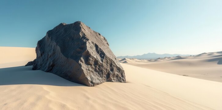 Dark, angular rock on pale, windswept sand dune , photo, dune