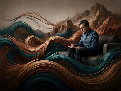 Conceptual illustration of man deep in thought surrounded by flowing energy and nature's patterns