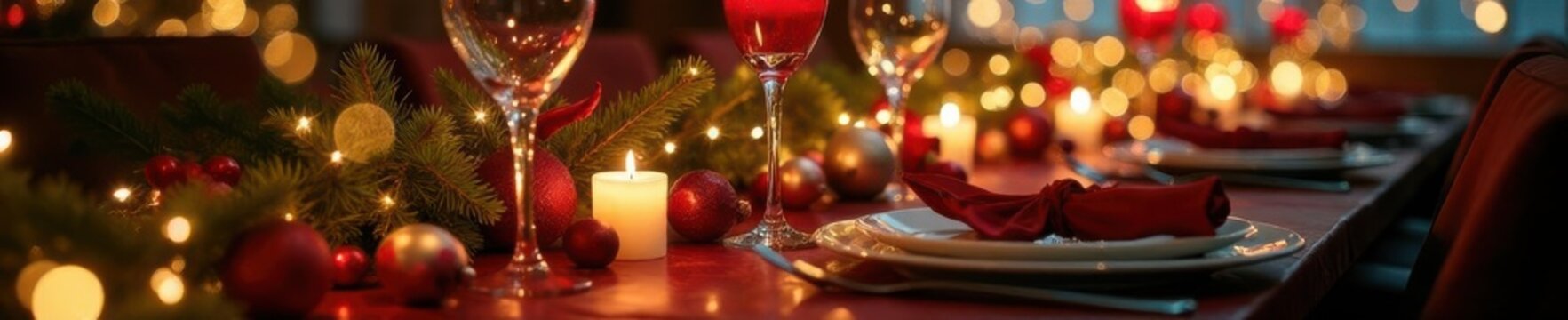 Gleaming Christmas tableware, centerpiece, sparkling lights, white, table, silverware