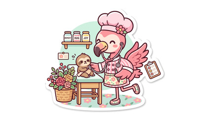 Cute Flamingo Doctor Examining Sleepy Sloth Patient with Stethoscope, Cartoon Style © Raya