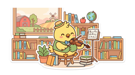 Cute chick playing violin in library with books and farm scene background © Raya