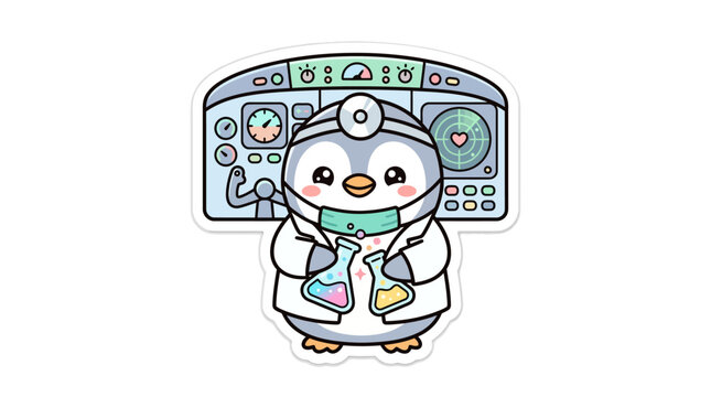 Cute Doctor Penguin Scientist Holding Test Tubes in Lab
