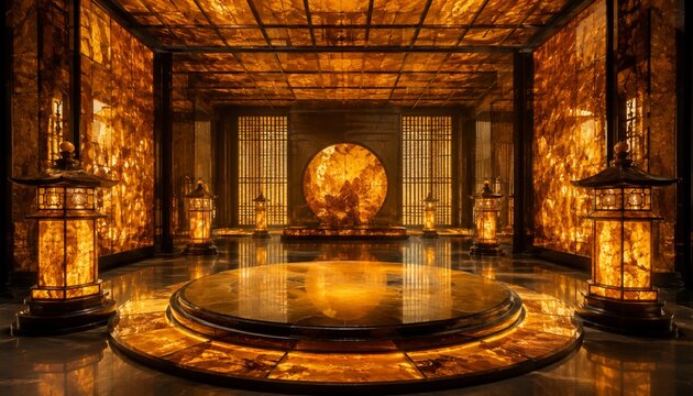 Luxury Japanese Interior with Glowing Amber Stone Walls