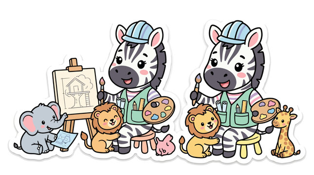 Cute cartoon zebras painting with animal friends, creative art class, drawing and design