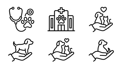 Veterinary Clinic Icons: Stethoscope, Paw Print, Pet Care, Animal Hospital, Dog, Cat © Raya