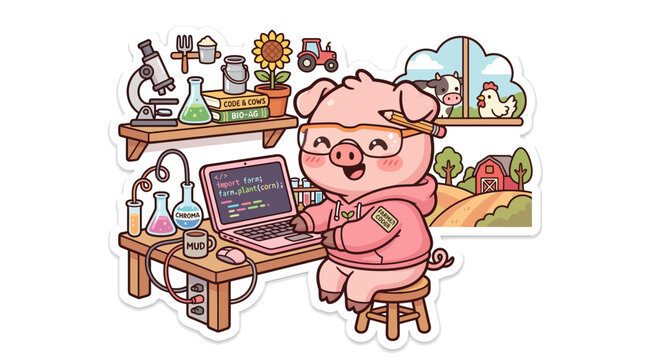 Cute pig coding on laptop in science lab, farm background, kawaii style