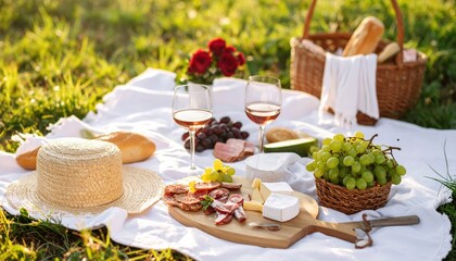 Fototapeta premium Romantic picnic setup with delicious food outdoors
