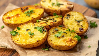 Fototapeta premium Baked potatoes with herbs and spices comfort food concept