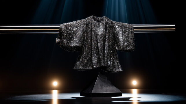 aerialist. Polished silver aerialist bar with sequined costume draped over it, spotlight. product launch decks, UI/UX mockups, designed for data visualization dashboards and holographic UIs.