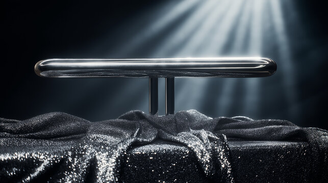 aerialist. Polished silver aerialist bar with sequined costume draped over it, spotlight. product launch decks, UI/UX mockups, designed for data visualization dashboards and holographic UIs.